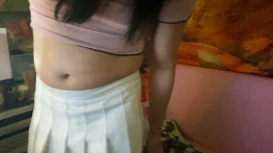 Pink top and white skirt undress and stroke!