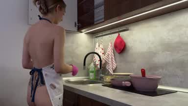 Washing dishes almost naked