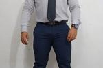 gray shirt navy blue pants