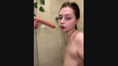very slobbery blowjob DILDO in the shower