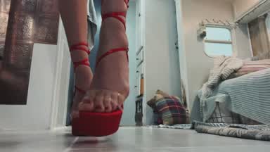 Long Legs and feet in Red Stripper Heels