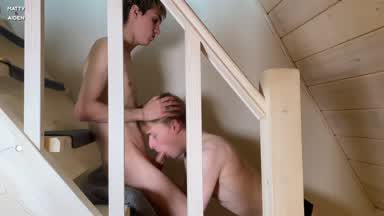 Aiden sucks Matty on the stairs and makes him cum