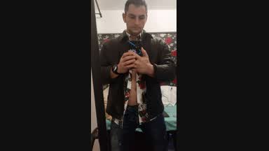 Leather Jacket and jeans big cumshot on my mirror