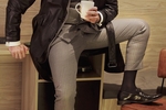 Leather coat, grey suit and black dress socks