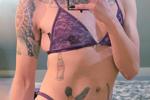 Purple bb standing (white fishnets, pretty nails)