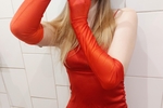 Satin dress and gloves