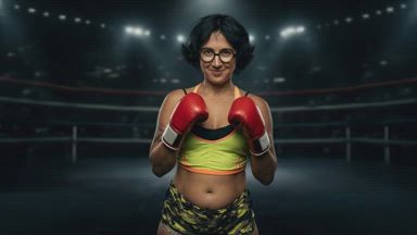 Cute nerd with a serious fighter face and muscles