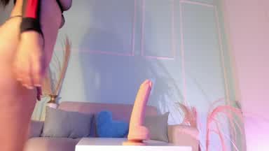 Naughty girl loves sucking his dildo, spreading he