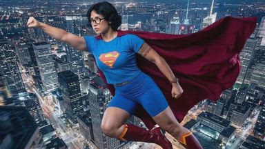 A superhero girl floating over the city