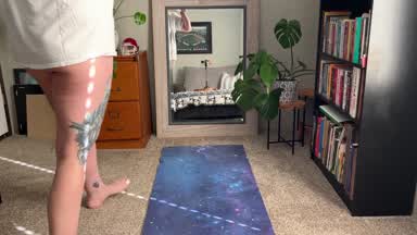 Yoga in big t shirt and thong