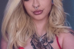 blonde hair, red bra