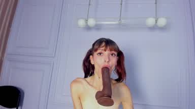 Little Amber riding his giant dildo