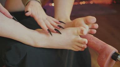 Teasing the cock with my bare feet and fancy scrat