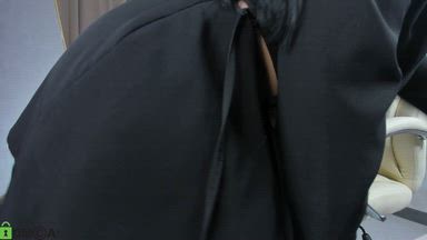 Monica's nylon legs, panty-less prankster