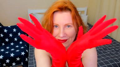 nude.in red silk gloves