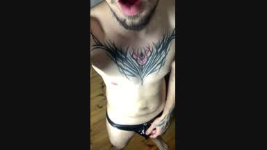 Powerful handjob and cumshot in a leather jacket,