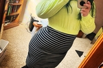 Green Shirt Striped Skirt
