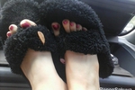 Fuzzy slippers to bare feet